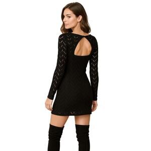 Free People Wild Thing Black Crochet Chevron Knit Mini Dress L Long Sleeve Chic